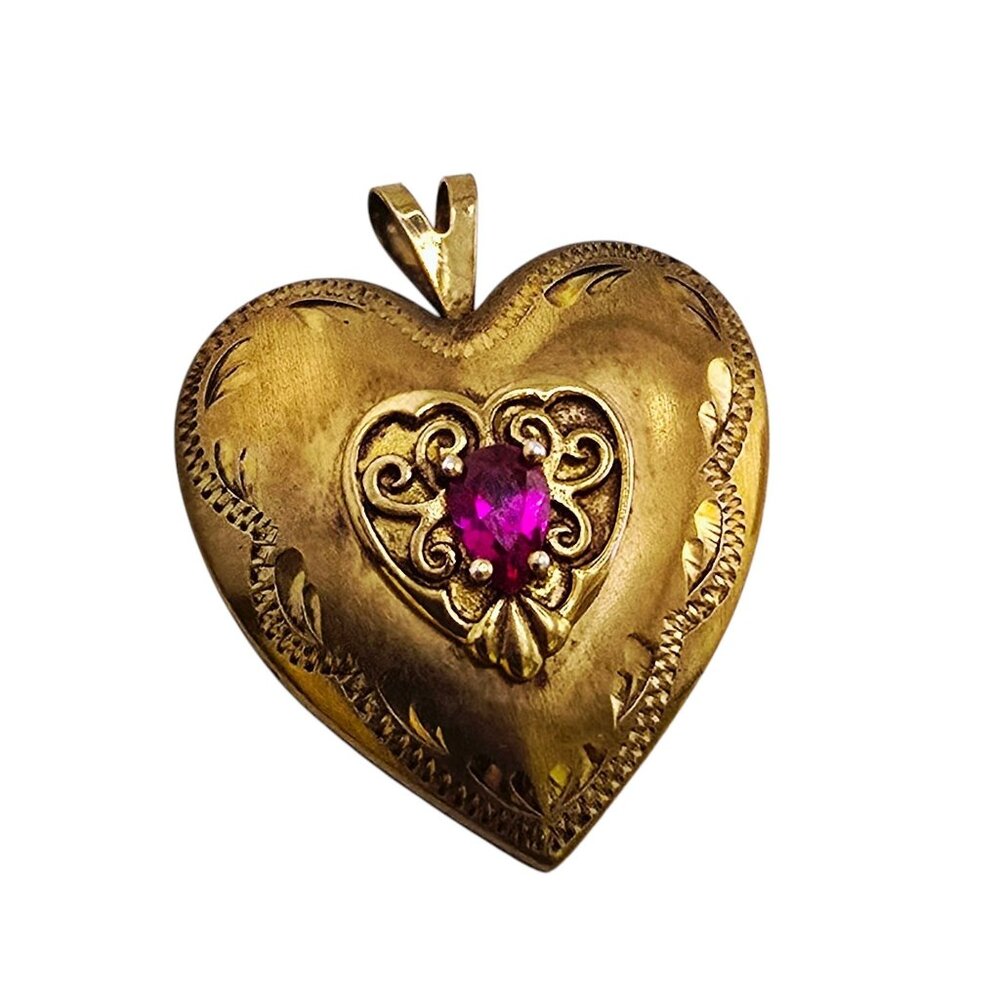Vintage Gold Wash Over Sterling & Glass Etched Heart Pendant (A8664) - Picture 1 of 6